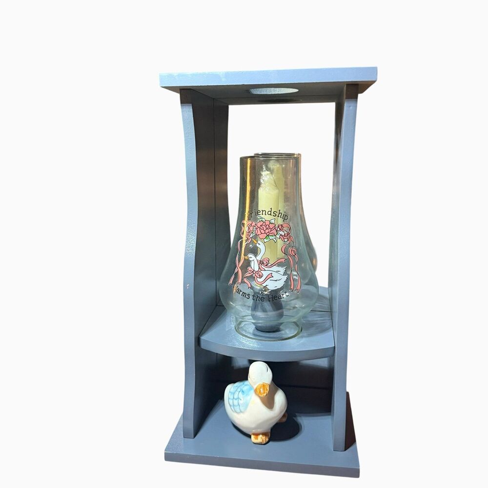 Vintage 1980 Wooden Lamp Wall Sconce Country Duck & Hurricane Glass Cottagecore